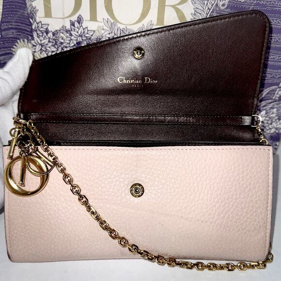 Authentic CHRISTIAN DIOR Tan Leather Wallet on Chain with DIOR Gold Tone Charm - Picture 6 of 8